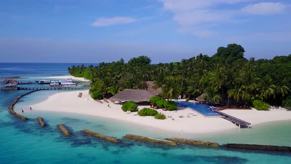 Drone view texture of tourist beach time by clear ocean with sand background