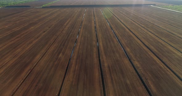 Brown Peat Production Harvesting Field in Drained Bog Landscape Aerial View