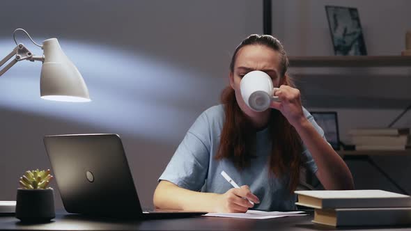 Late Study Online Learning Girl Laptop Task Coffee