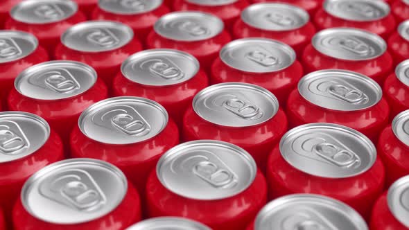 Many Red Aluminum Metal Soda Cans, Tin Can Coke Production Concept. 3d Animation Render