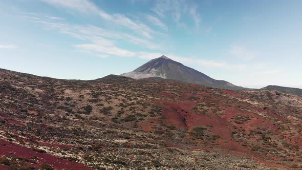 Aerial Shot. Top Peak of the Teide Volcano in a Volcanic Mountain Valley on a Sunny Clear Day. In