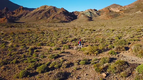 Aerial View of Active Hiker Woman Hiking on Teide National Park