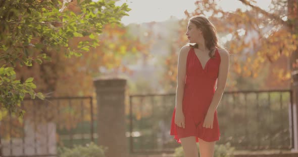 Woman in Red Dress Walking Along Alley at the Summer Park
