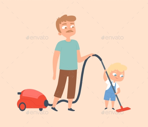 Father and Son Vacuuming. Householding, Apartment