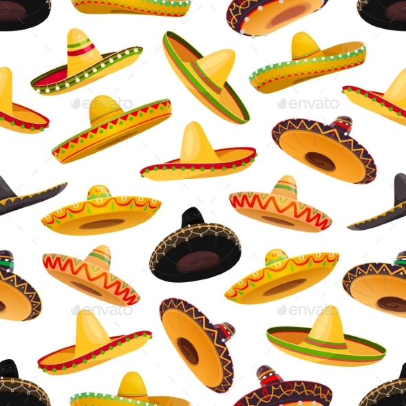 Mexican Sombrero Hats Seamless Pattern Background