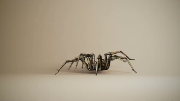 Big venomous spider crawling across the white wall. Spooky dangerous tarantula