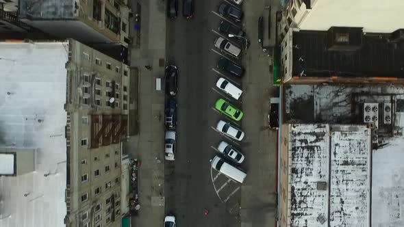 Overhead aerial view cars driving on Brooklyn streets of New York City NYC 4K