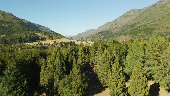 Dolly in flying above a pine tree forest in El Hoyo valley with mountains in background, Chubut, Pat