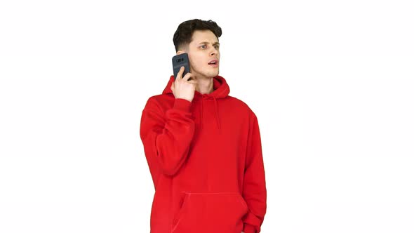 Young Hip Hop Dancer Stops Dancing To Answer the Call/ on White Background