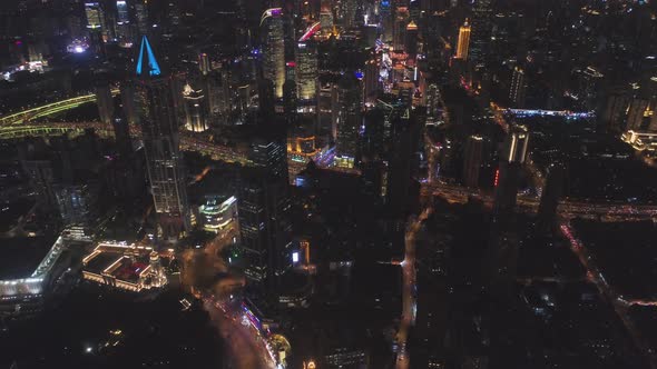 Shanghai City at Night. Huangpu Skyline. China. Aerial View