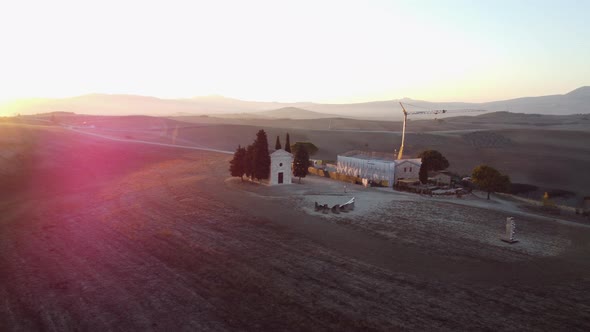 Chapel Vitaleta in Val d'Orcia Tuscany Rolling Hills Aerial