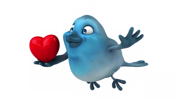 Fun 3D cartoon animation of a blue bird with alpha