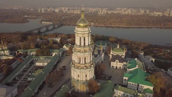 Aerial Kyiv Pechersk Lavra churches and monastery on hills of Dnipro river Ukraine
