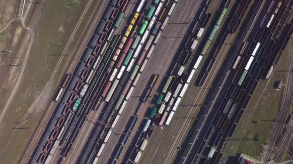 Aerial View of Railway Sorting Station and A Lot of Wagons at a Railway