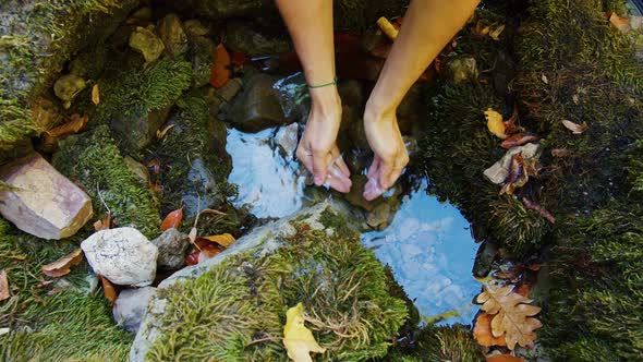 Female Hands Scoop Up Clear Water From Spring