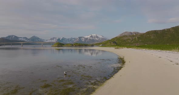 Drone flight over white sandy arctic beach towards Sommaroy Bridge; Kvaloya