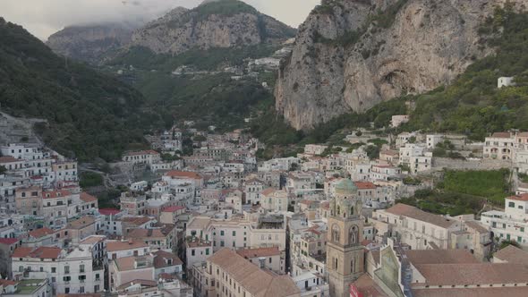 Aerial view of idyllic Amalfi city on Mediterranean coast, Italy. Authentic town with old buildings