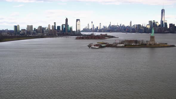Aerial View of Downtown Manhattan and Statue of Liberty From Helicopter New York City Slow Motion