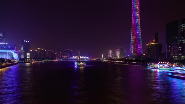 Guangzhou Night City on Pearl River Bank in China Timelapse