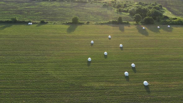Aerial View On Farm Fields With Baled Hay 2