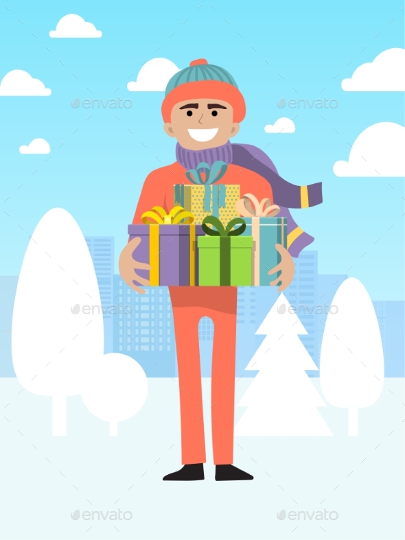 Male Character Present Christmas Gift Box, Person