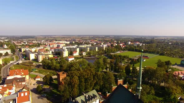 Aerial view of the Church of Saint Catherine of Alexandria in Braniewo, Poland