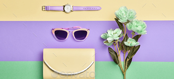ch, trendy sunglasses, flower. Pop art concept. Woman fashionable accessories on purple green, top view, banner. Creative design color