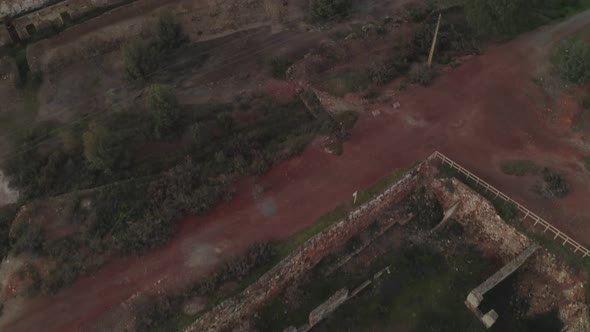 Aerial drone view of the abandoned mines of Mina de Sao Domingos, in Alentejo Portugal