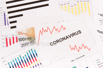 Inscription coronavirus, euro and downward graphs representing financial crisis caused by Covid-19