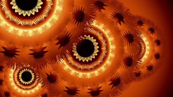 Abstract visualization of orange, yellow, black, and brown flower turning.