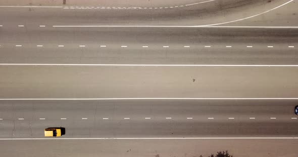 Top Down View of a Highway Road with Traffic Cars and Trucks on the Road