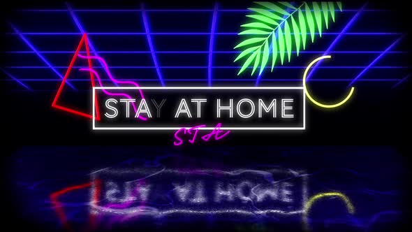 Animation of flashing white and purple neon signs saying Stay At Home Stay Safe 