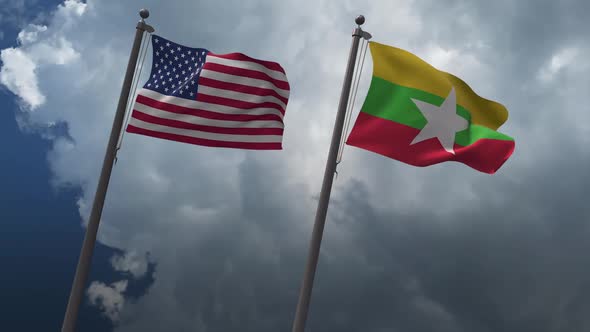 Waving Flags Of The United States And The Myanmar 2K