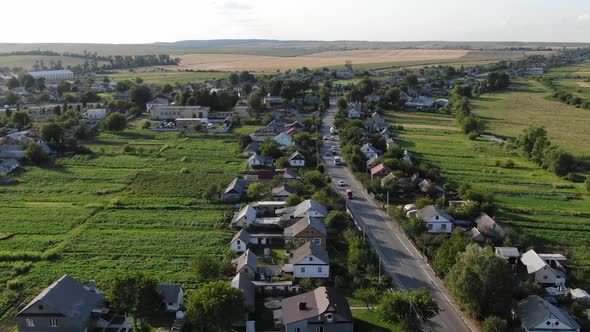 Aerial View of Countryside Neighborhood With Light Traffic in Ukraine