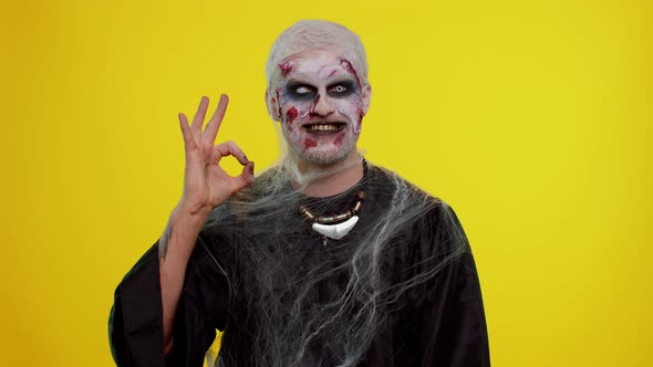 Creepy Man Halloween Zombie Showing Ok Gesture Like Sign Positive Something Good Smiles Terribly