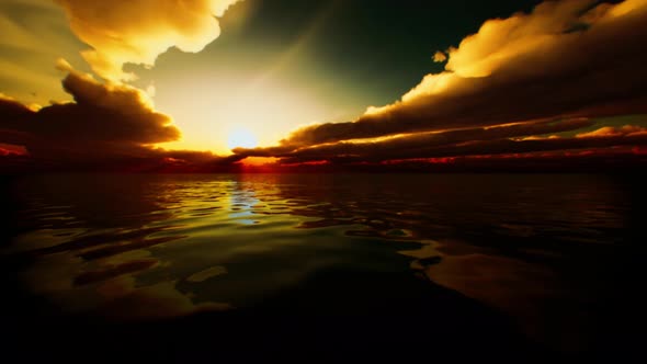 Twilight Sky in Colorful Bright Sunlight Reflects Off on the Water Surface