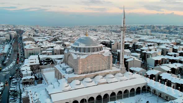 Aerial view of Istanbul mosque in winter season with snow