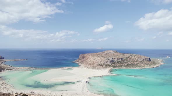 Balos Beach saltwater lagoon and shore in Crete Greece. Aerial drone shot of beach