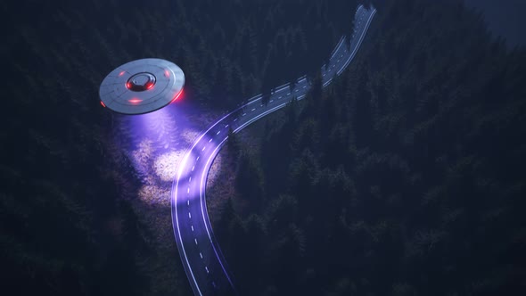 Alien flying saucer hovering over a coniferous forest during  the night. 4KHD