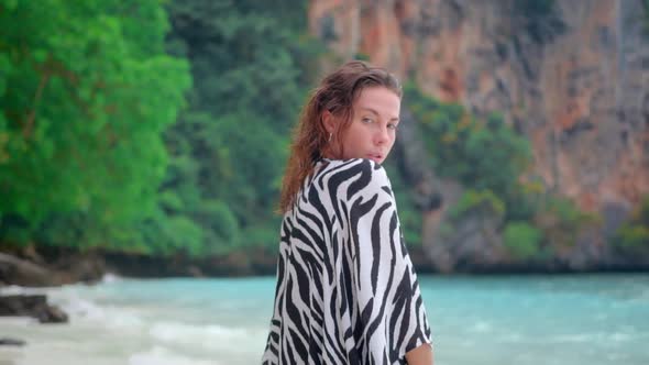 Brunette Model Posing on the Tropical Paradise Beach Dresses on Zebra Tunic