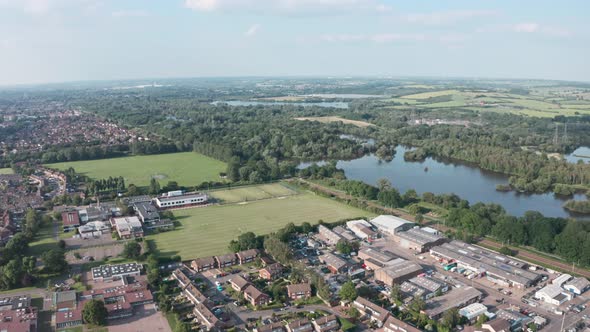 Dolly forward drone shot towards Lea river basin Cheshunt north London