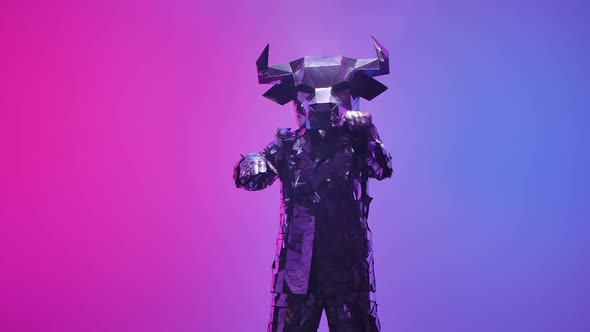 Shiny Bull in Costume Made of Mirrors Dancing Robot Dance on Neon Blue Pink Studio Background