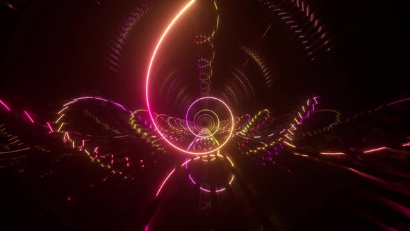 Gradient Neon Spiral Metal Tunnel Background. Endless Flight Forward. Modern Neon Lighting. Seamless