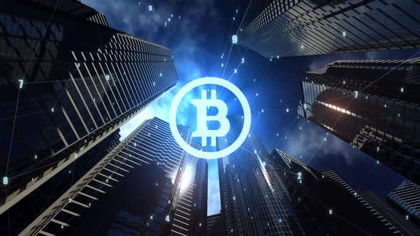 bitcoin sign against a dynamic business center background. digital currency concept
