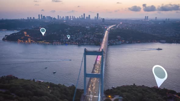 Aerial Panoramic Hyper Lapse Shot of Large Cablestayed Bridge Over Bosporus at Sunset