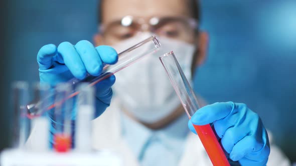 Closeup Male Hands in Gloves Making Diagnostic Blood in Lab of Researching Institute