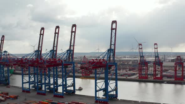 Close Up View of Large Cargo Cranes in Container Port in Hamburg Germany