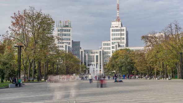 Gosprom Building on the Freedom Square with New Dry Fountain in Kharkov City Timelapse, Ukraine