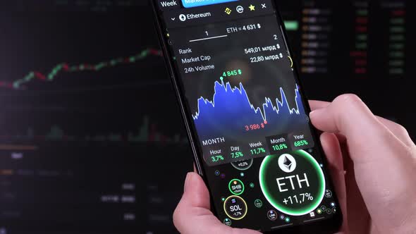 Broker touches screen with a finger, analyzes financial indicators ETH.