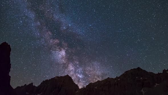 Time Lapse: the Milky way galaxy and stars rotation over the majestic Italian French Alps. Night sky